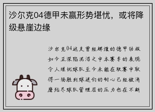 沙尔克04德甲未赢形势堪忧，或将降级悬崖边缘